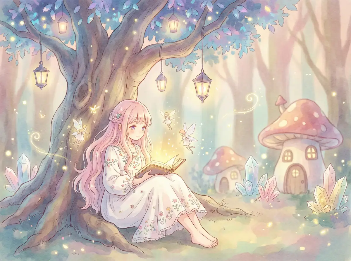 污网站 - 魔法森林中阅读故事书的粉发少女与精灵